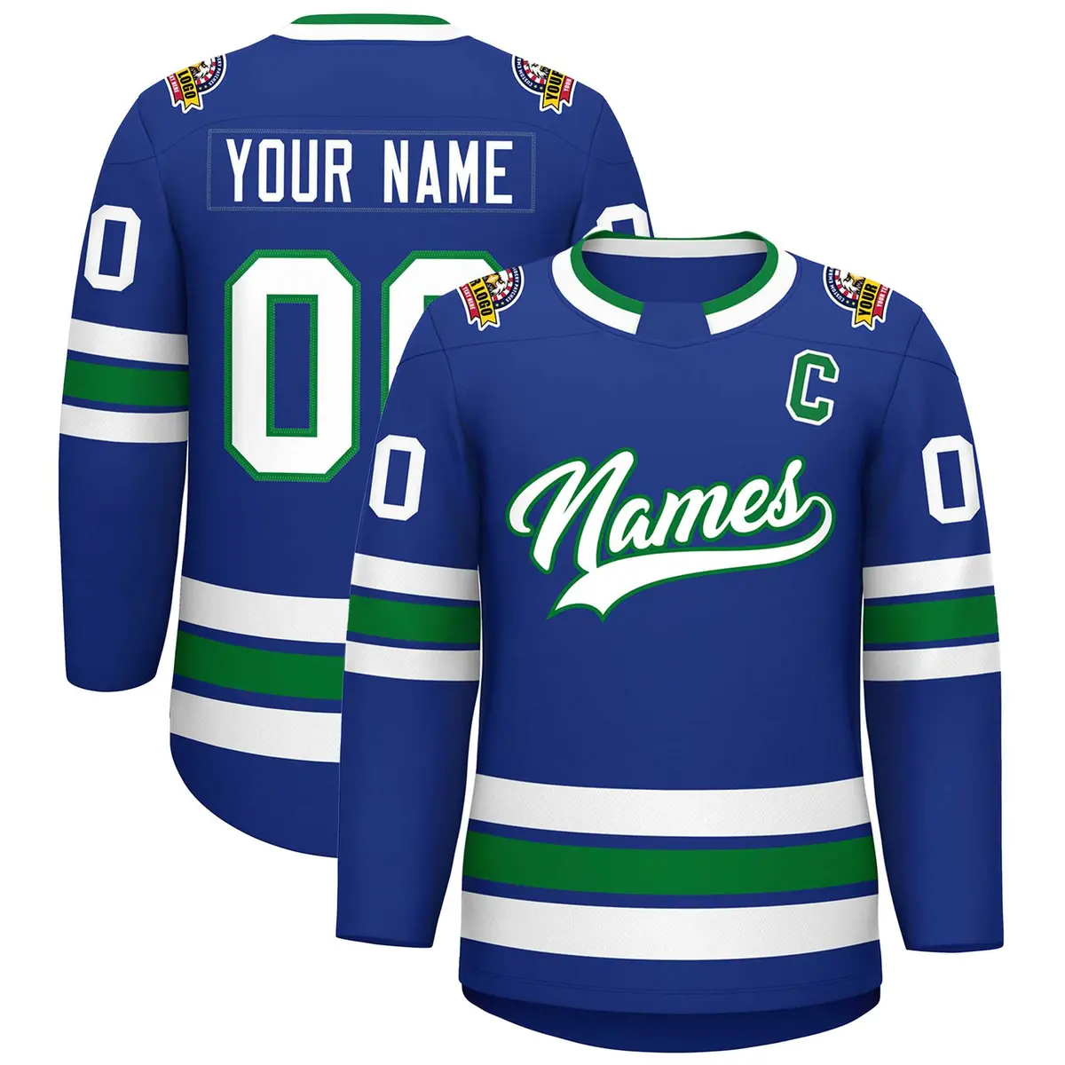 Royal White-Kelly Green Classic Style Hockey Jersey