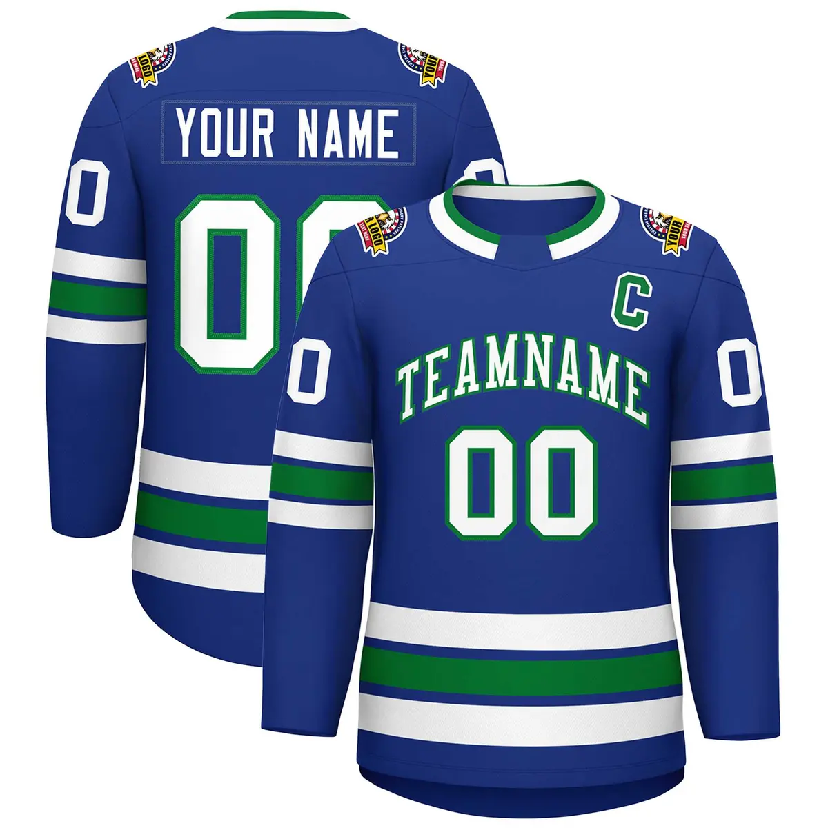 Royal White-Kelly Green Classic Style Hockey Jersey
