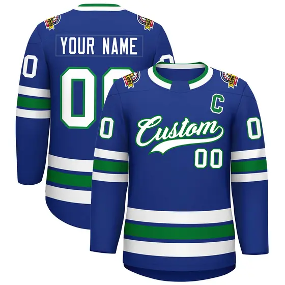 Royal White-Kelly Green Classic Style Hockey Jersey