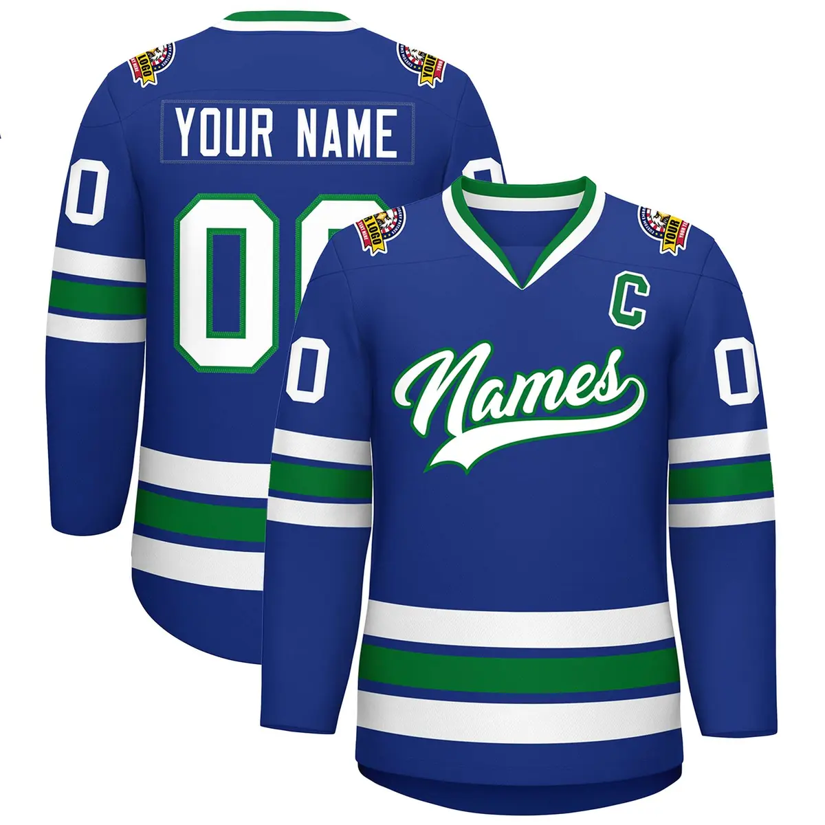 Royal White-Kelly Green Classic Style Hockey Jersey