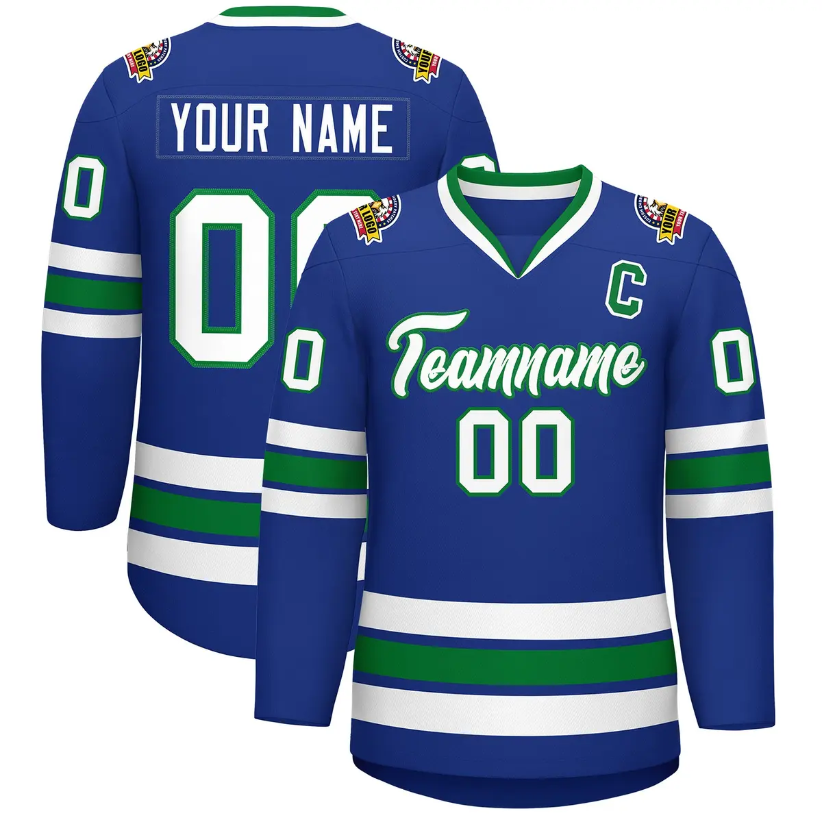 Royal White-Kelly Green Classic Style Hockey Jersey
