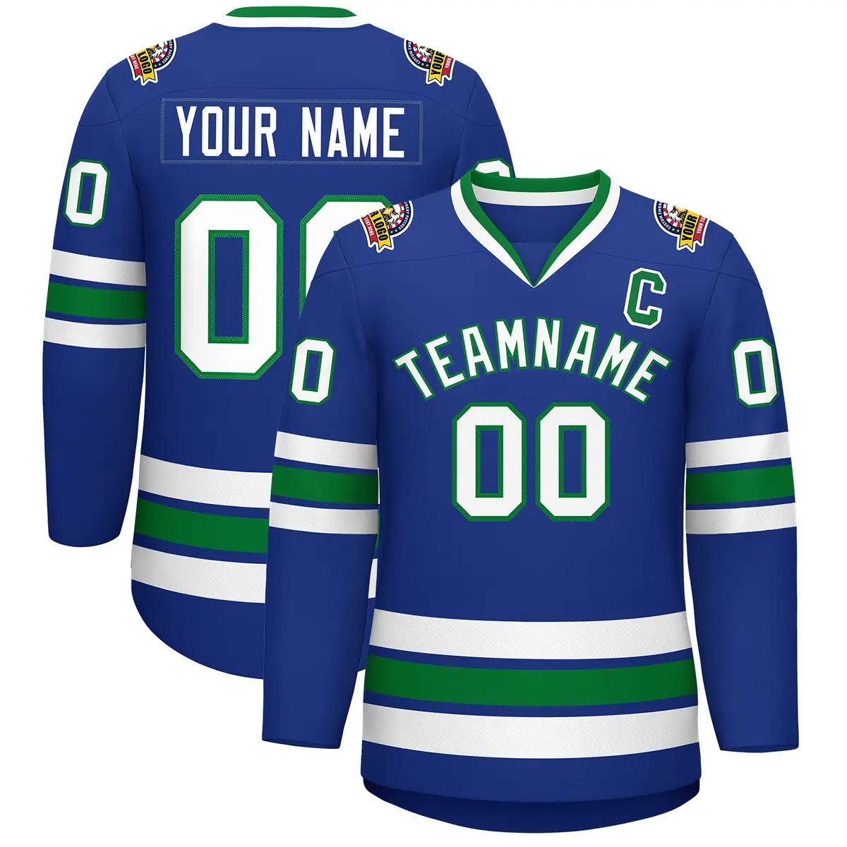 Royal White-Kelly Green Classic Style Hockey Jersey