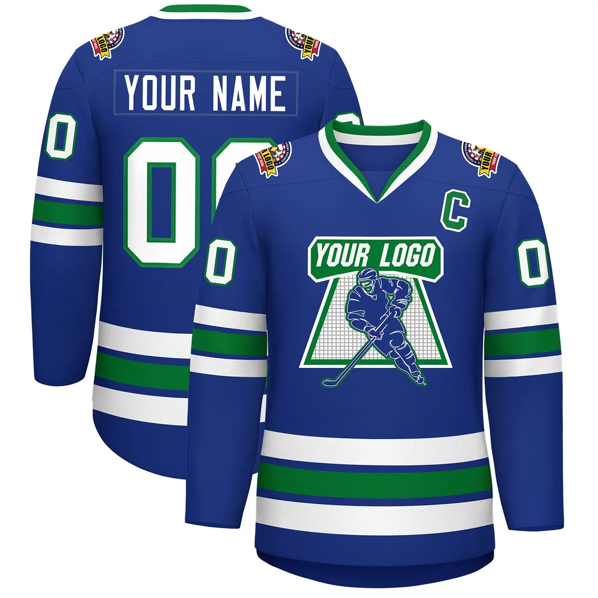 Royal White Kelly Green Classic Style Hockey Jersey