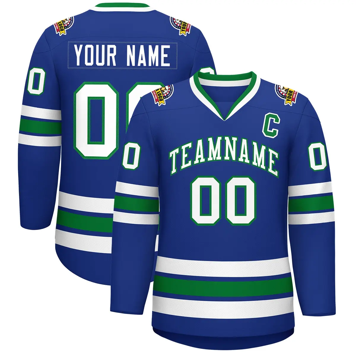 Royal White-Kelly Green Classic Style Hockey Jersey