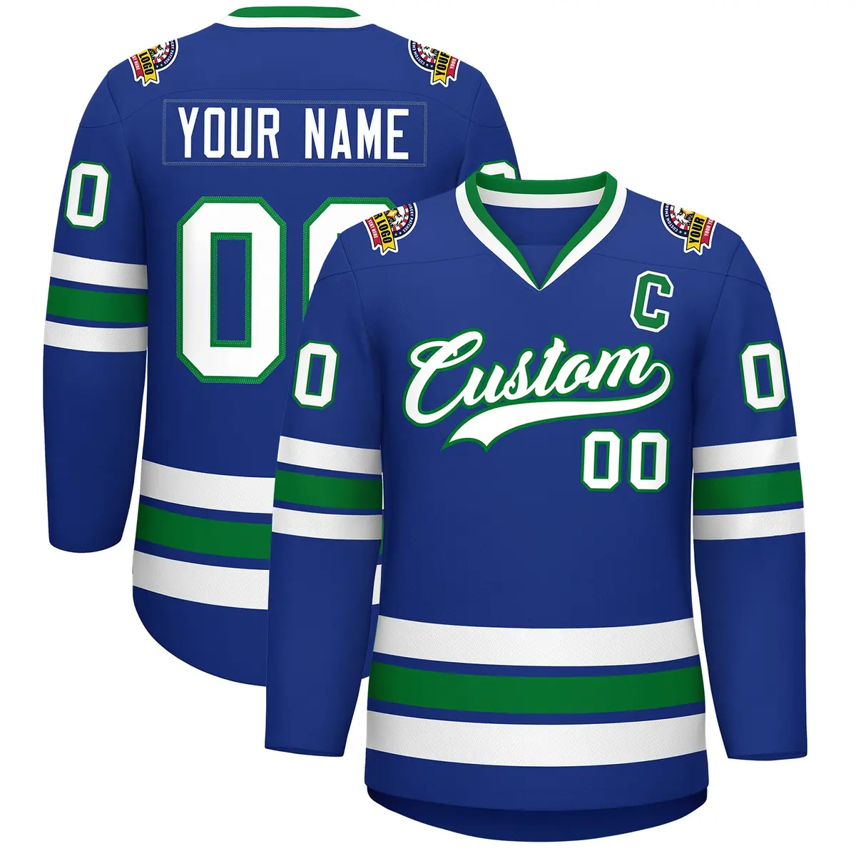Royal White-Kelly Green Classic Style Hockey Jersey
