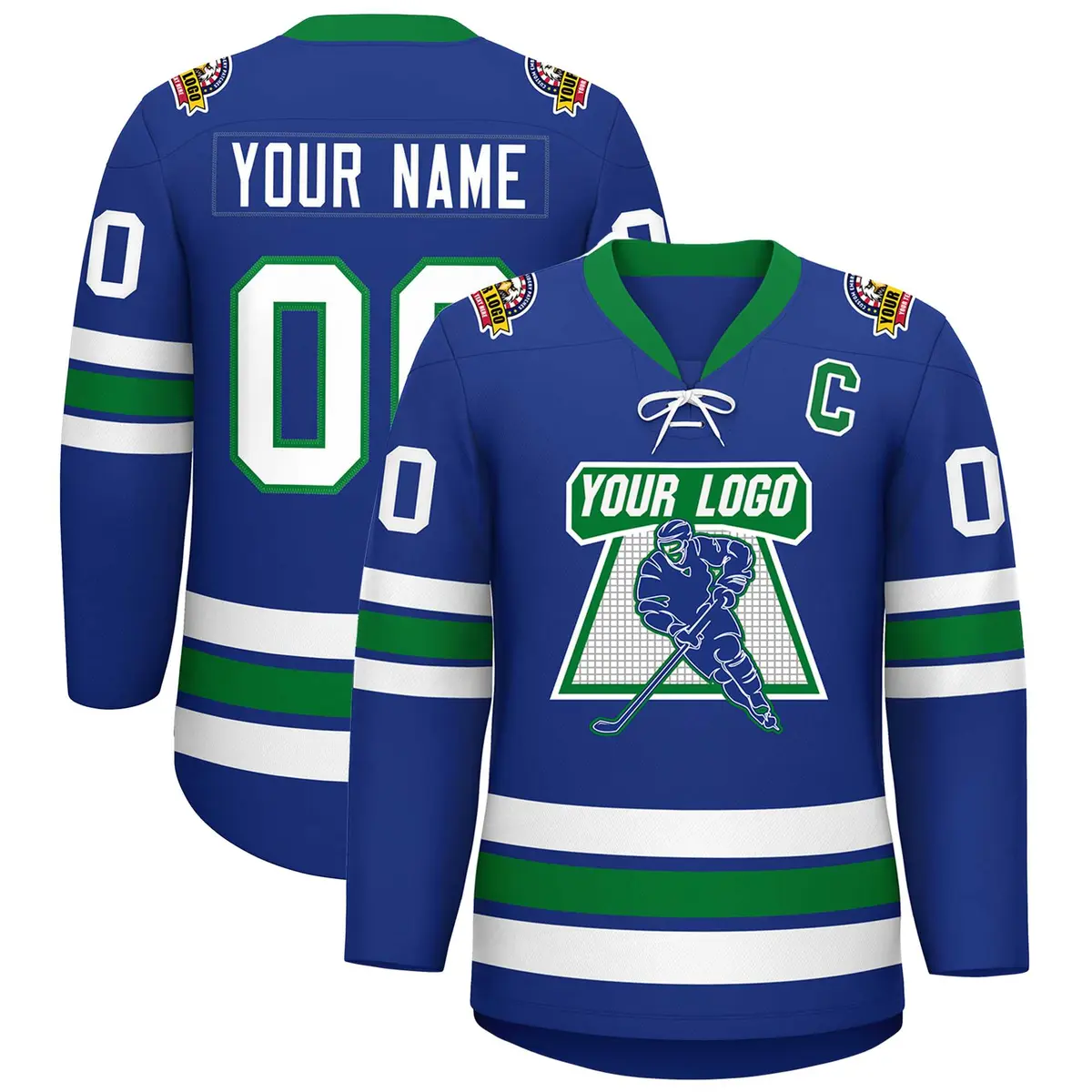 Royal White-Kelly Green Lace-Up Neck Hockey Jersey
