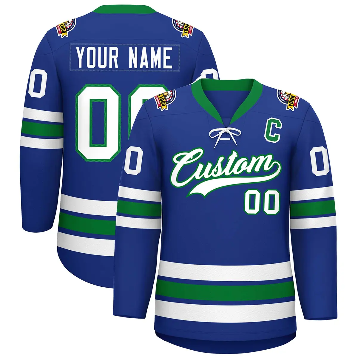 Royal White-Kelly Green Lace-Up Neck Hockey Jersey