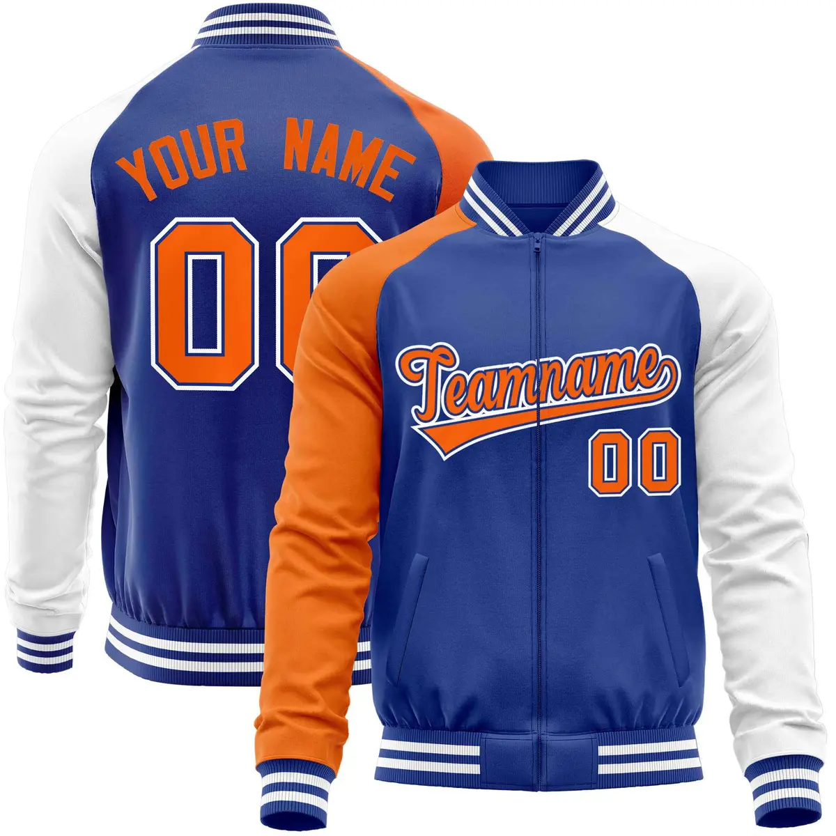 Royal White-Orange Raglan Full-Zip Letterman Baseball Jacket