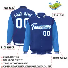 Royal White-Powder Blue Raglan Varsity Full-Snap Letterman Jacket 2