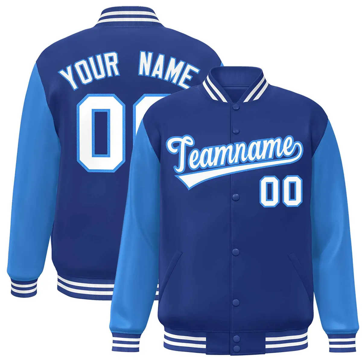 Royal White-Powder Blue Raglan Varsity Full-Snap Letterman Jacket