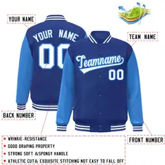 Royal White-Powder Blue Raglan Varsity Full-Snap Letterman Jacket 2