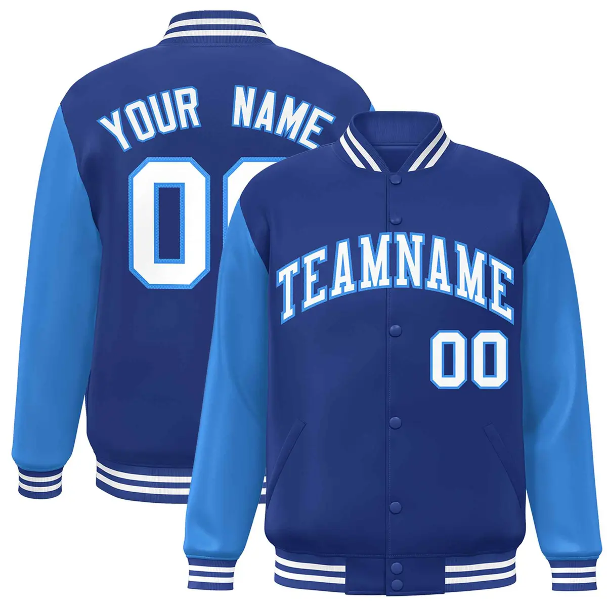 Royal White-Powder Blue Raglan Varsity Full-Snap Letterman Jacket