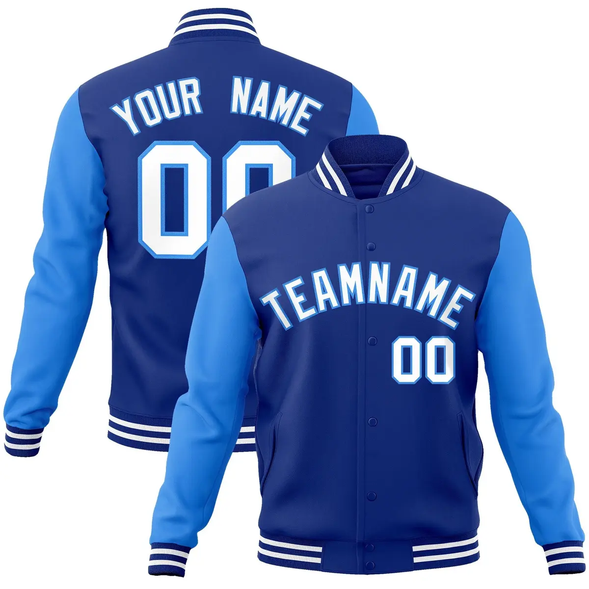 Royal White-Powder Blue Raglan Varsity Full-Snap Letterman Jacket
