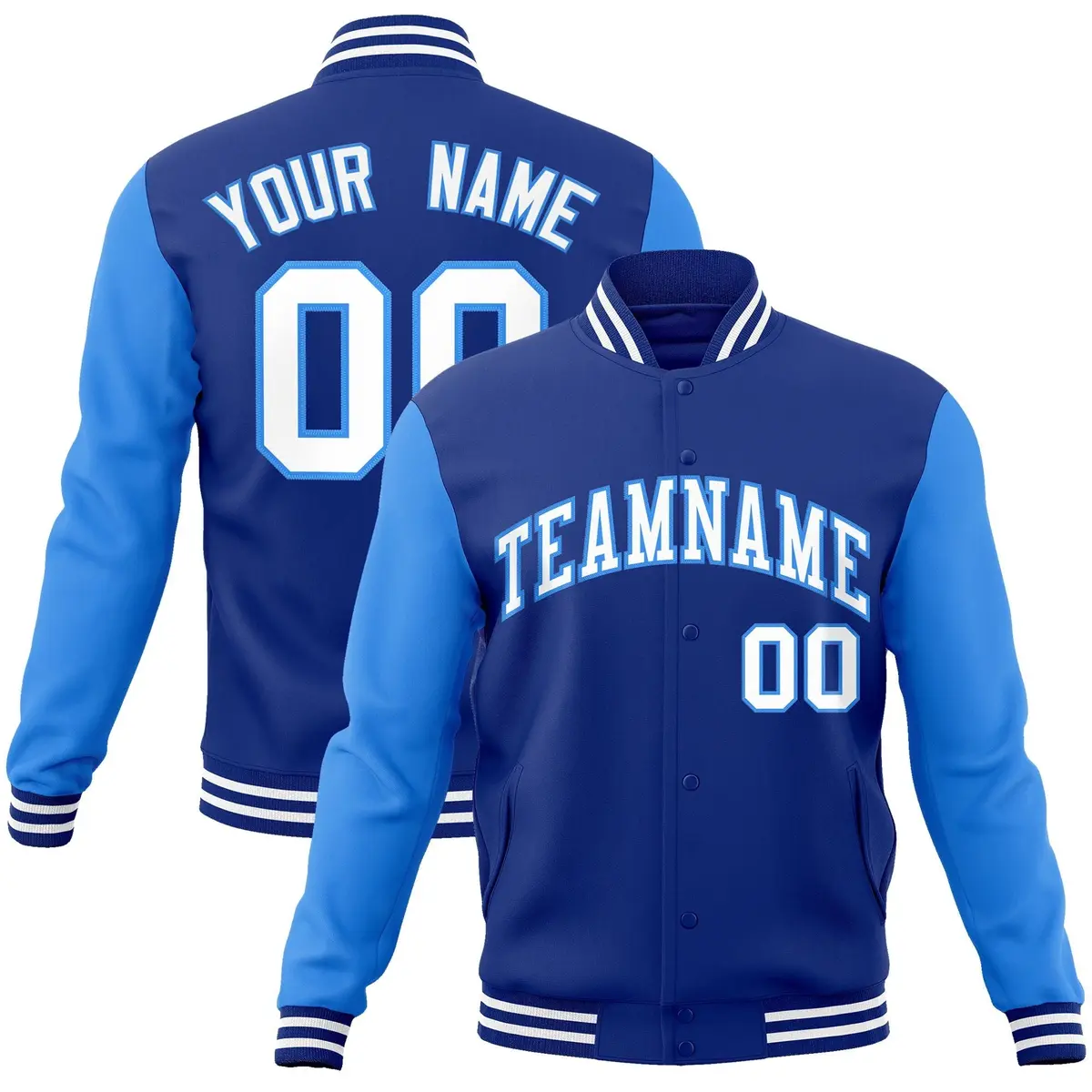Royal White-Powder Blue Raglan Varsity Full-Snap Letterman Jacket