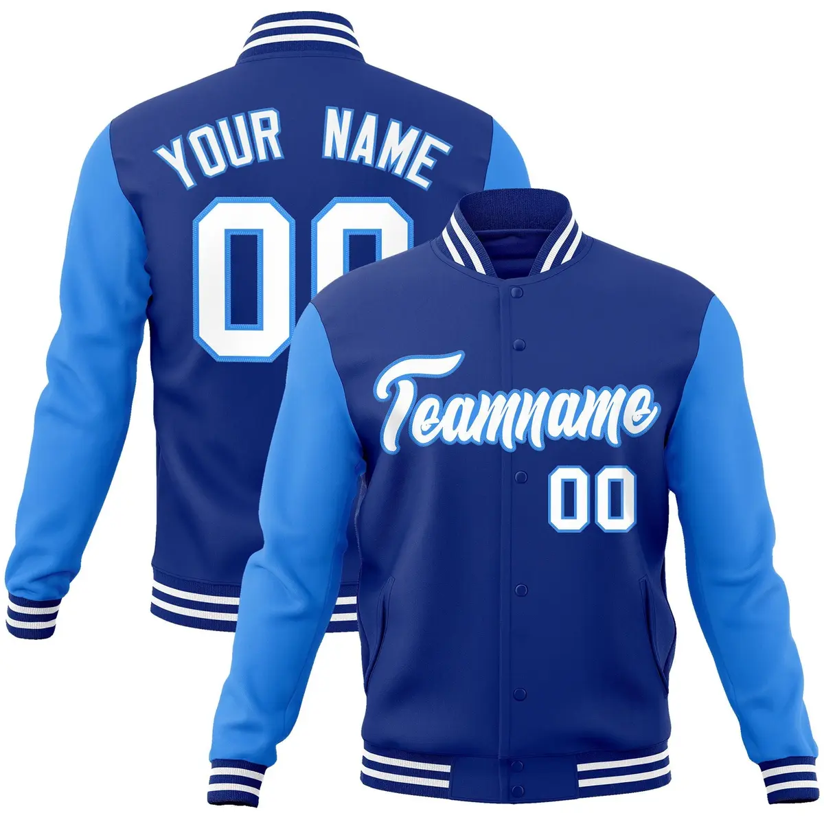 Royal White-Powder Blue Raglan Varsity Full-Snap Letterman Jacket