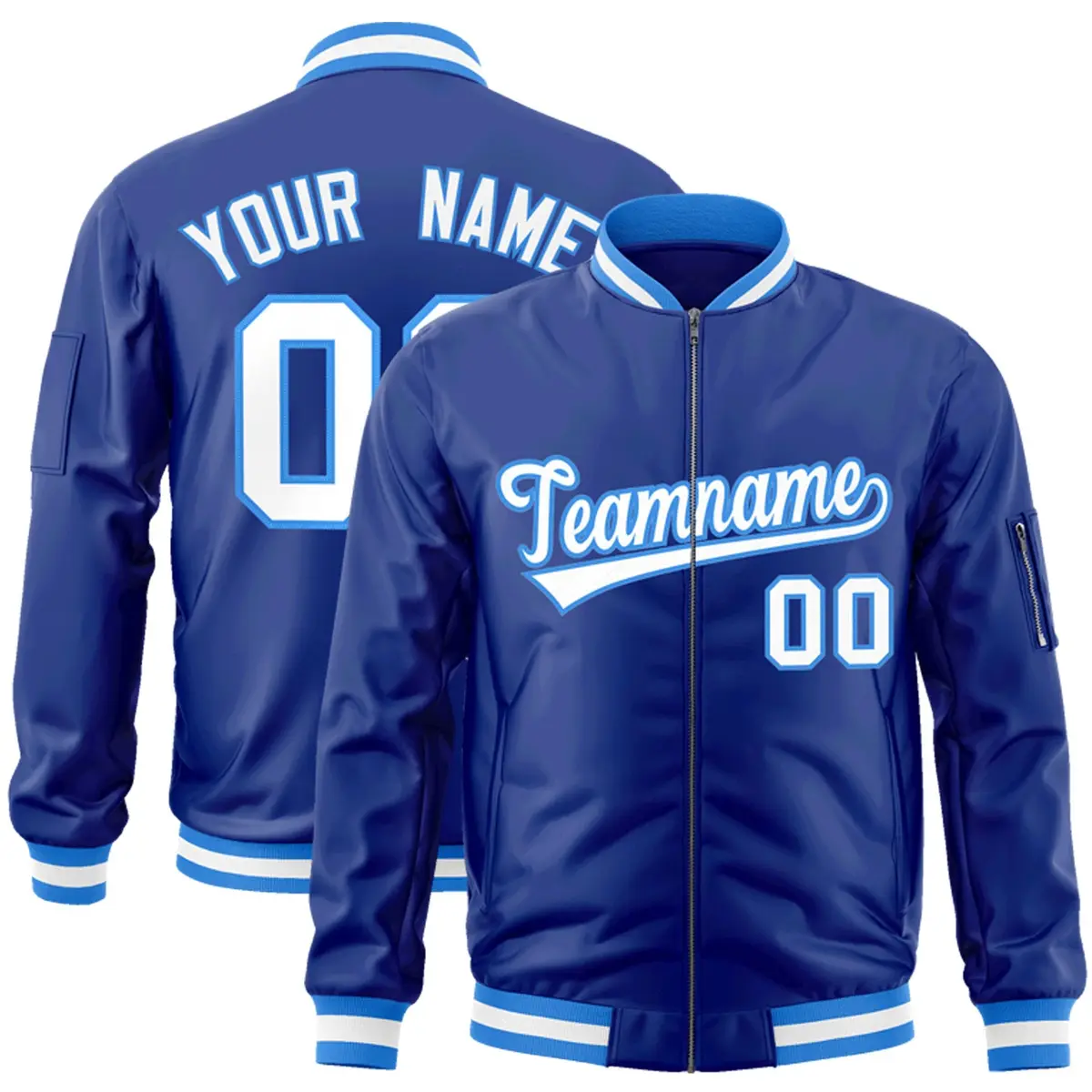 Royal White-Powder Blue Varsity Full-Zip Letterman Bomber Jacket