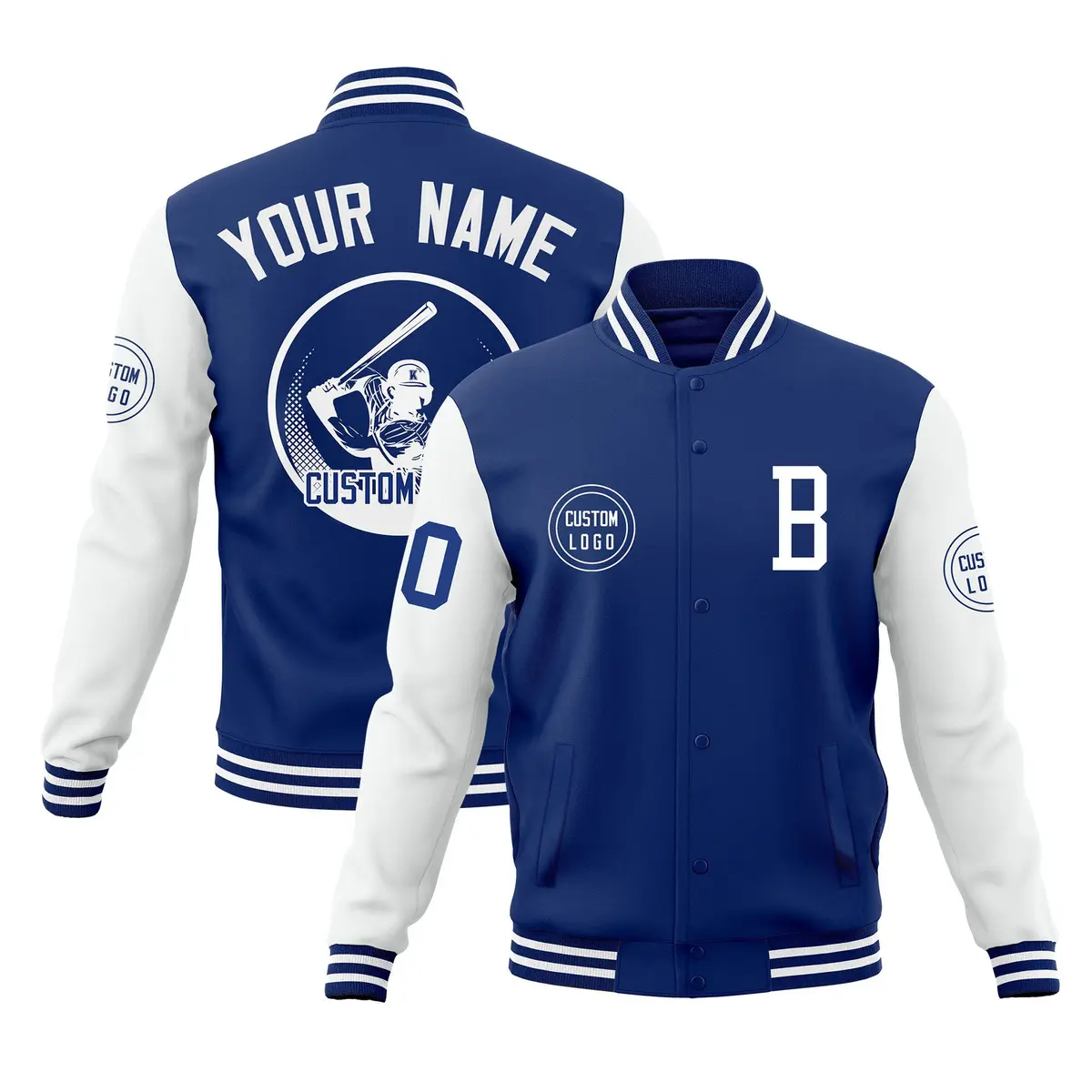 Royal White Raglan Sleeves Full-Snap Varsity Letterman Baseball Jacket
