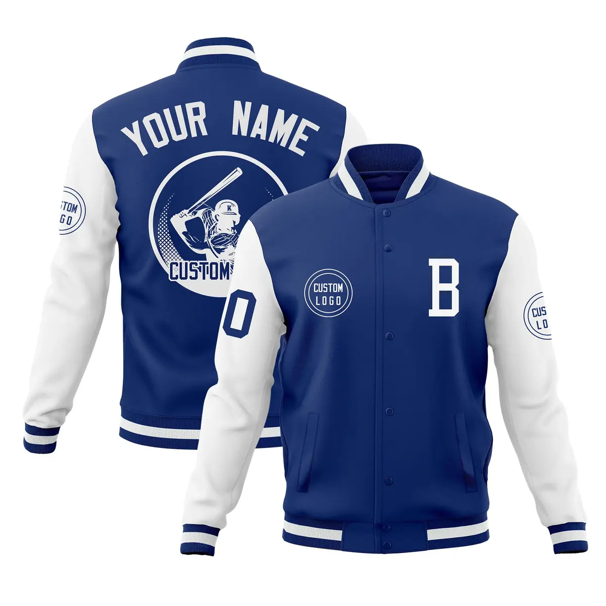 Royal White Raglan Sleeves Full-Snap Varsity Letterman Baseball Jacket