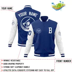 Royal White Raglan Sleeves Full-Snap Varsity Letterman Baseball Jacket 4