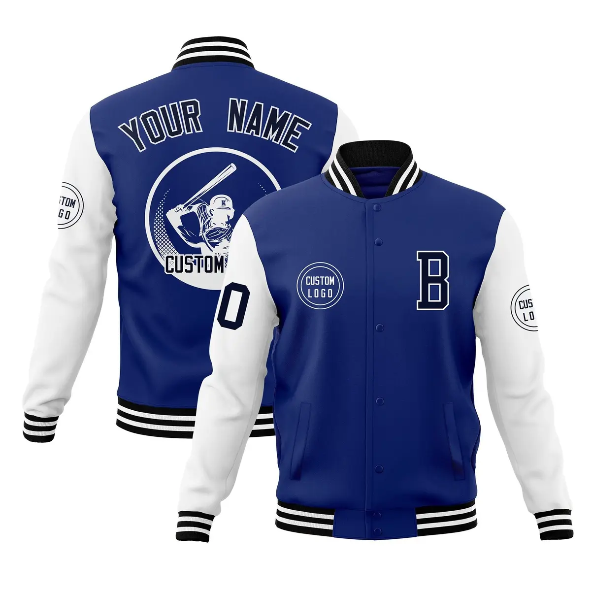 Royal White Raglan Sleeves Full-Snap Varsity Letterman Baseball Jacket