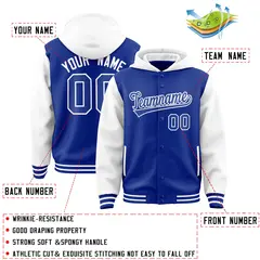 Royal White Raglan Sleeves Full-Snap Varsity Two Tone Letterman Jacket Hoodie 4