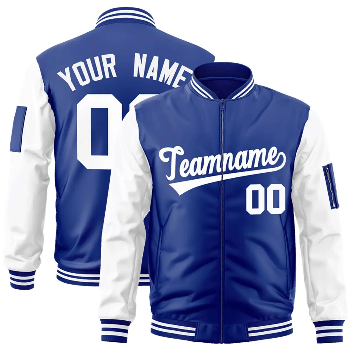 Royal White Raglan Sleeves Full-Zip Varsity Letterman Jacket