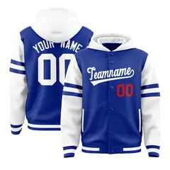 Royal White Raglan Three Stripes Full-Snap Varsity Letterman Jacket Hoodie