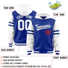 Royal White Raglan Three Stripes Full-Snap Varsity Letterman Jacket Hoodie 4