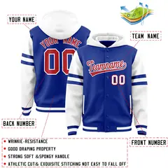 Royal White Raglan Three Stripes Full-Snap Varsity Letterman Jacket Hoodie 4