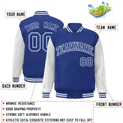 Royal White Raglan Varsity Full-Snap Letterman Jacket 2