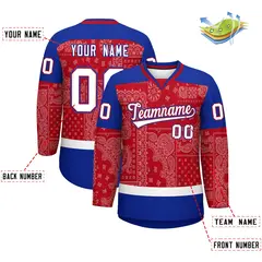 Royal White Red Cashew Flower Graffiti V-Neck Hockey Jersey 2