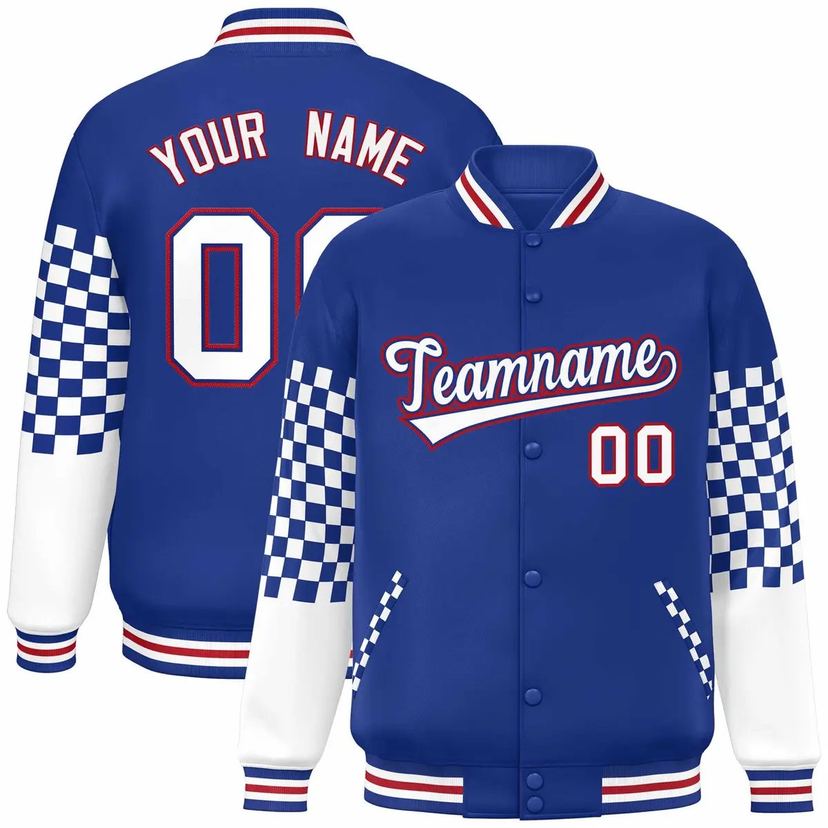 Royal White-Red Checkered Color Block Bomber Varsity Jacket