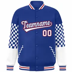 Royal White-Red Checkered Color Block Bomber Varsity Jacket 3