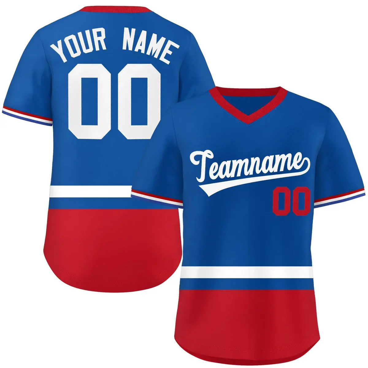 Royal White-Red Color Block V-Neck Pullover Baseball Jersey