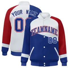 Royal White-Red Color Block Varsity Full-Snap Baseball Bomber Jacket