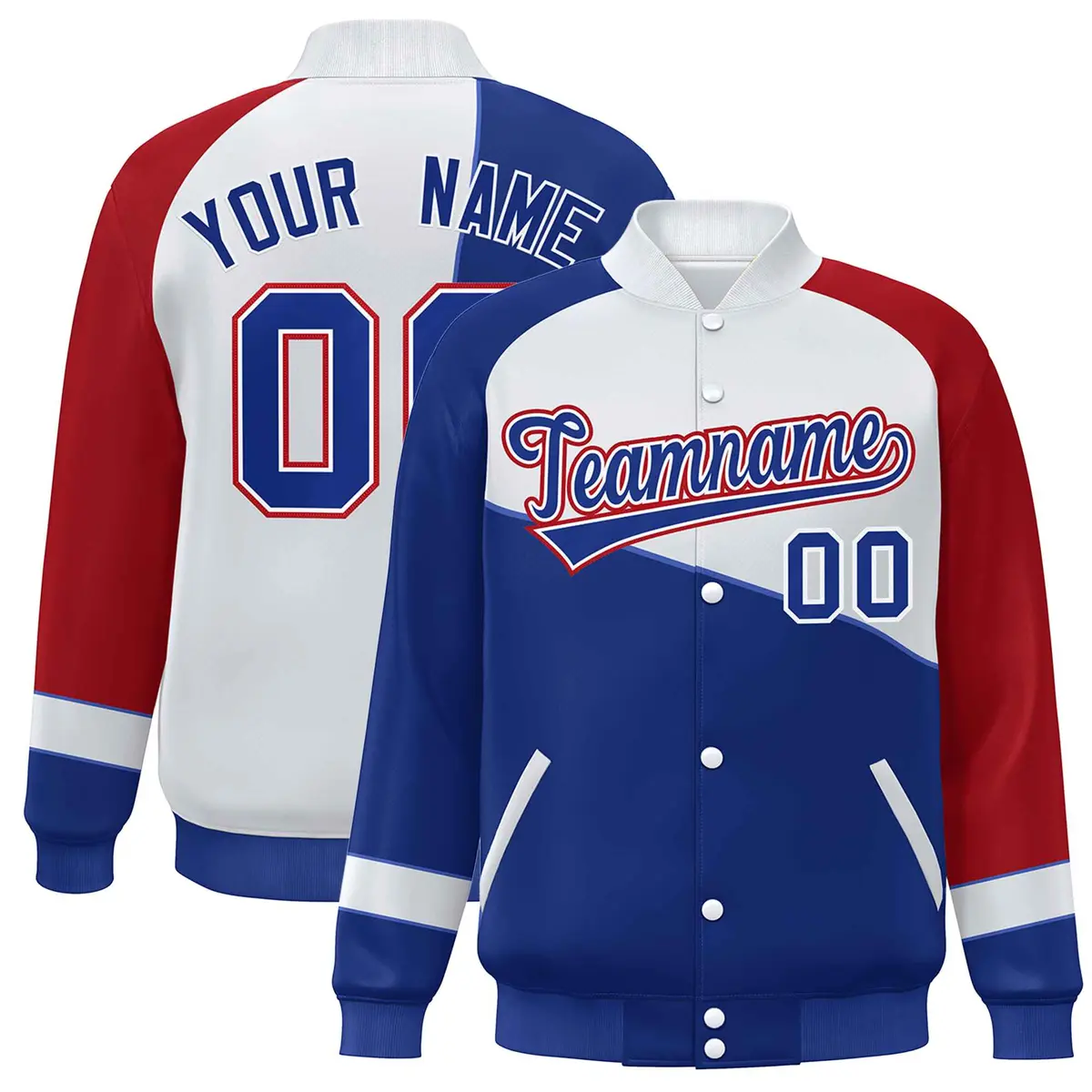 Royal White-Red Color Block Varsity Full-Snap Baseball Bomber Jacket
