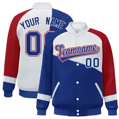 Royal White-Red Color Block Varsity Full-Snap Baseball Bomber Jacket