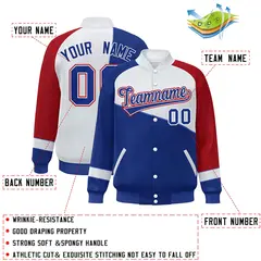 Royal White-Red Color Block Varsity Full-Snap Baseball Bomber Jacket 2