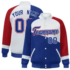 Royal White-Red Color Block Varsity Full-Snap Baseball Bomber Jacket