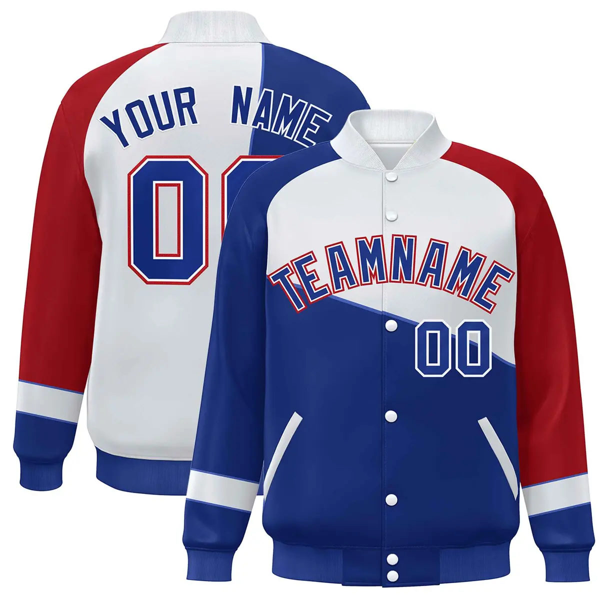 Royal White-Red Color Block Varsity Full-Snap Baseball Bomber Jacket