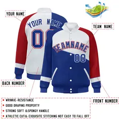 Royal White-Red Color Block Varsity Full-Snap Baseball Bomber Jacket 2
