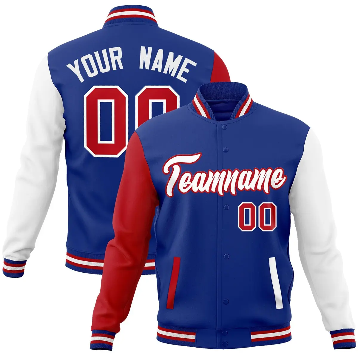 Royal White-Red Raglan Full-Snap Varsity Letterman Jacket