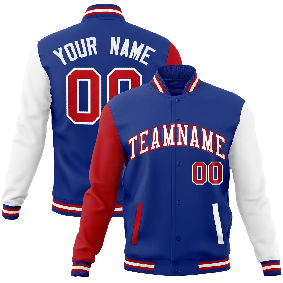 Royal White-Red Raglan Full-Snap Varsity Letterman Jacket