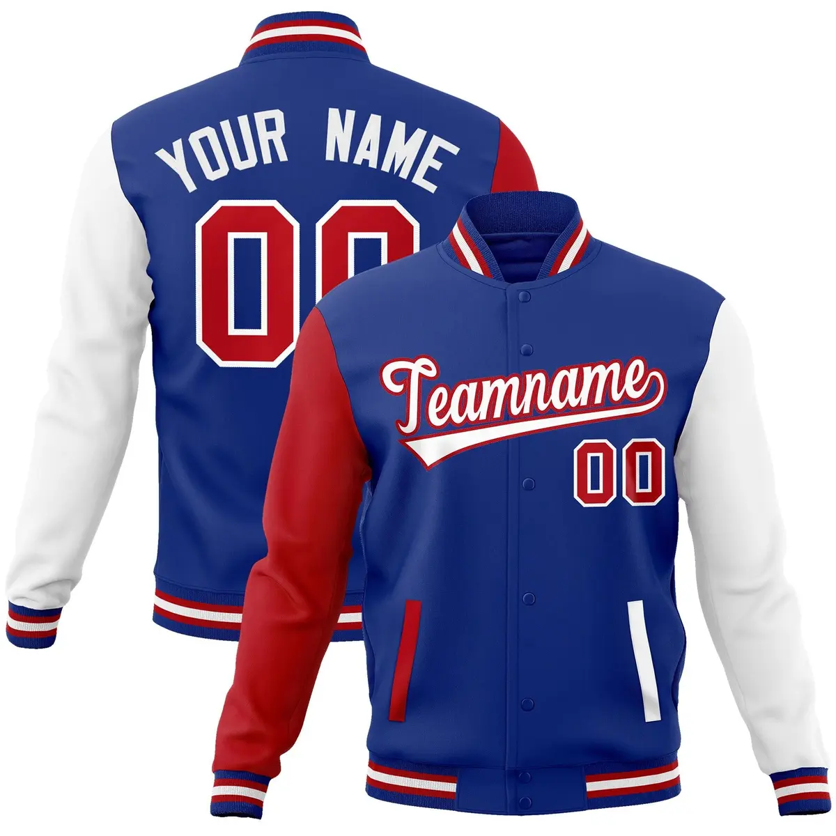 Royal White-Red Raglan Full-Snap Varsity Letterman Jacket
