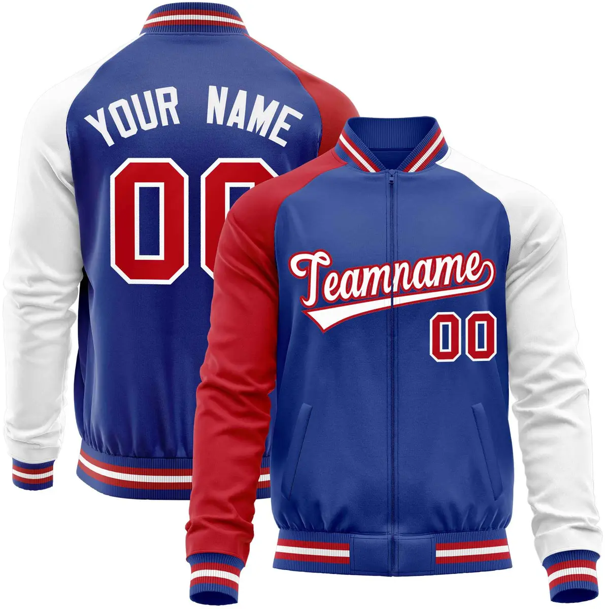 Royal White-Red Raglan Full-Zip Letterman Baseball Jacket