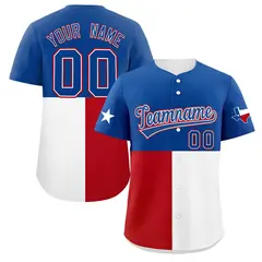 Royal White Red Texas Flag Color Block Baseball Jersey