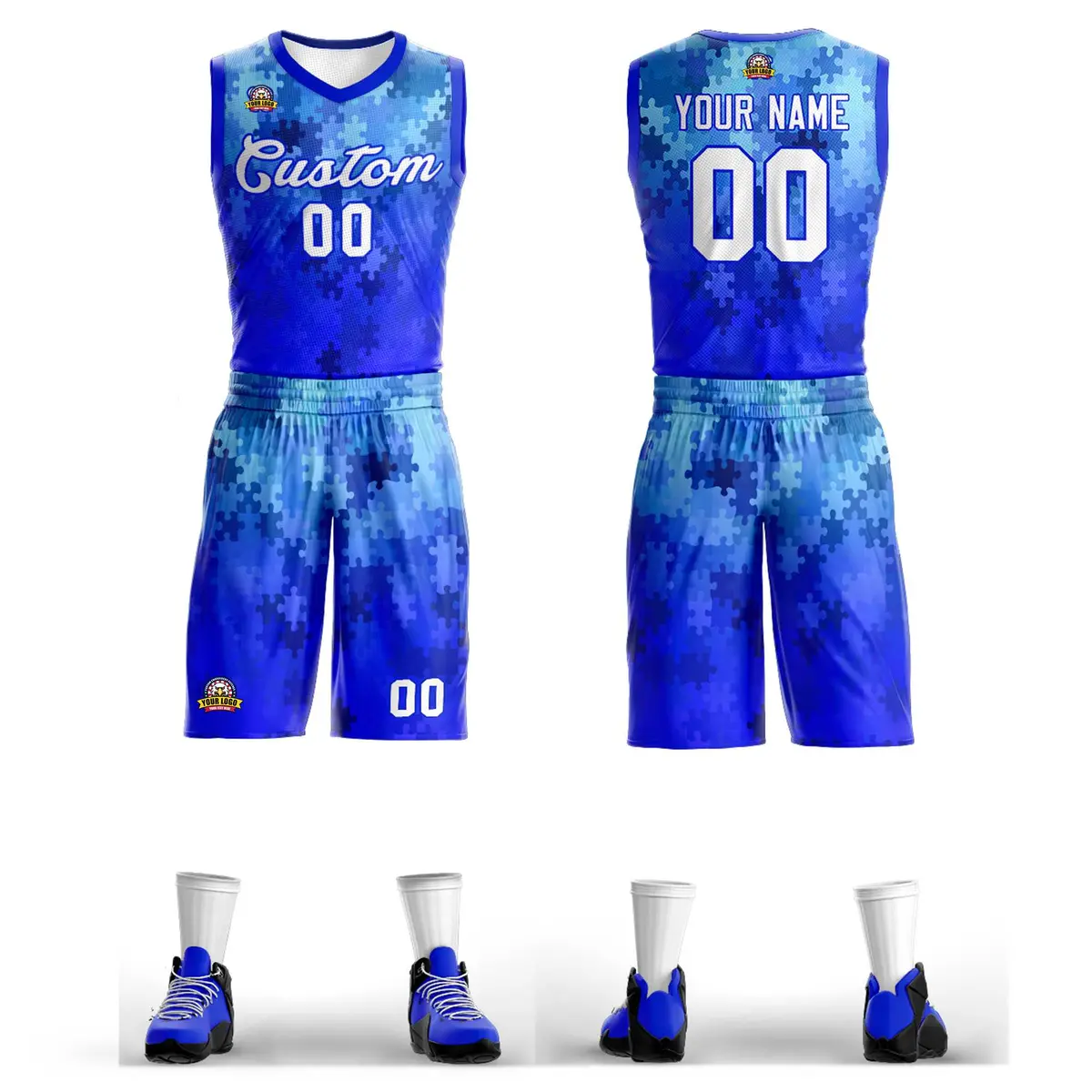 Royal White-Royal Graffiti Pattern Mesh Basketball Jersey