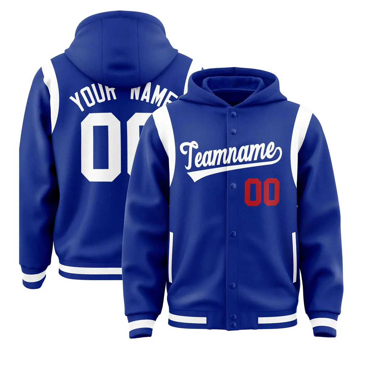 Royal White Shoulder Color Block Varsity Letterman Jacket Hoodie