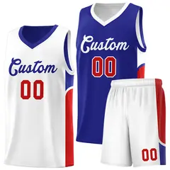 Royal White Side U-shaped Pattern Double Side Basketball Jersey