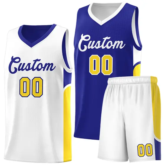 Royal White Side U-shaped Pattern Double Side Basketball Jersey